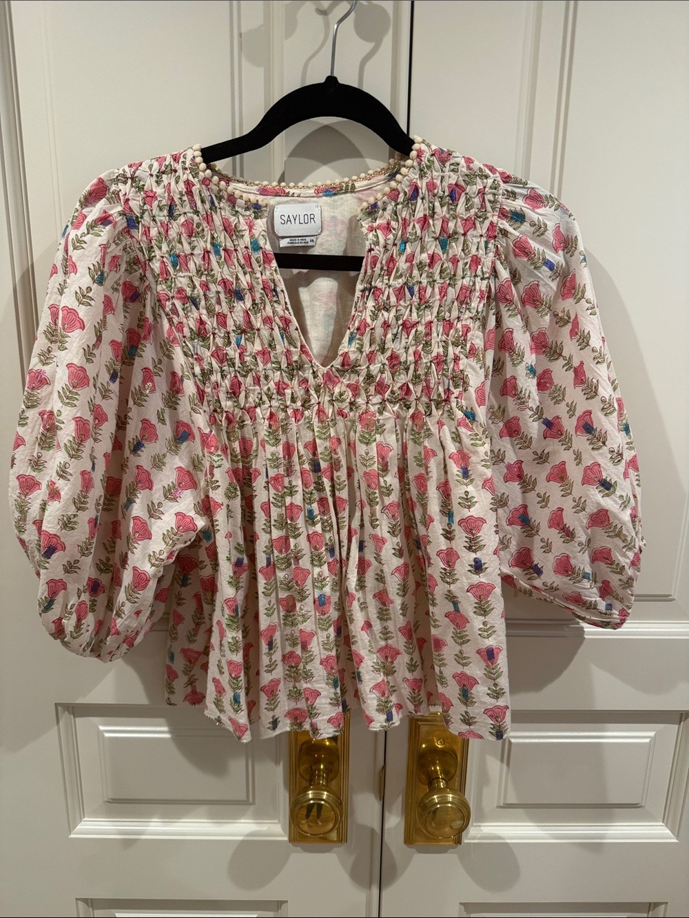 SAYLOR Pink Floral Smocked Puff-Sleeve Blouse